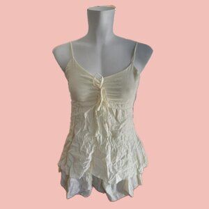 Vintage Fairycore Boho Flowy Cream Camisole Top – Layered Hem Adjustable Tie